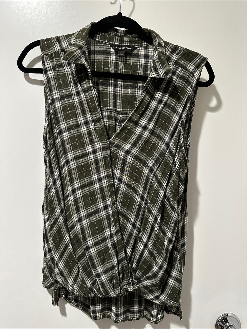 Rock & Republic Olive Green Plaid Sleeveless Wrap-Style Top